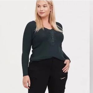 Torrid | Waffle Knit Lace Trim Henley V Back Thermal Curved Shirttail Hem Long 2